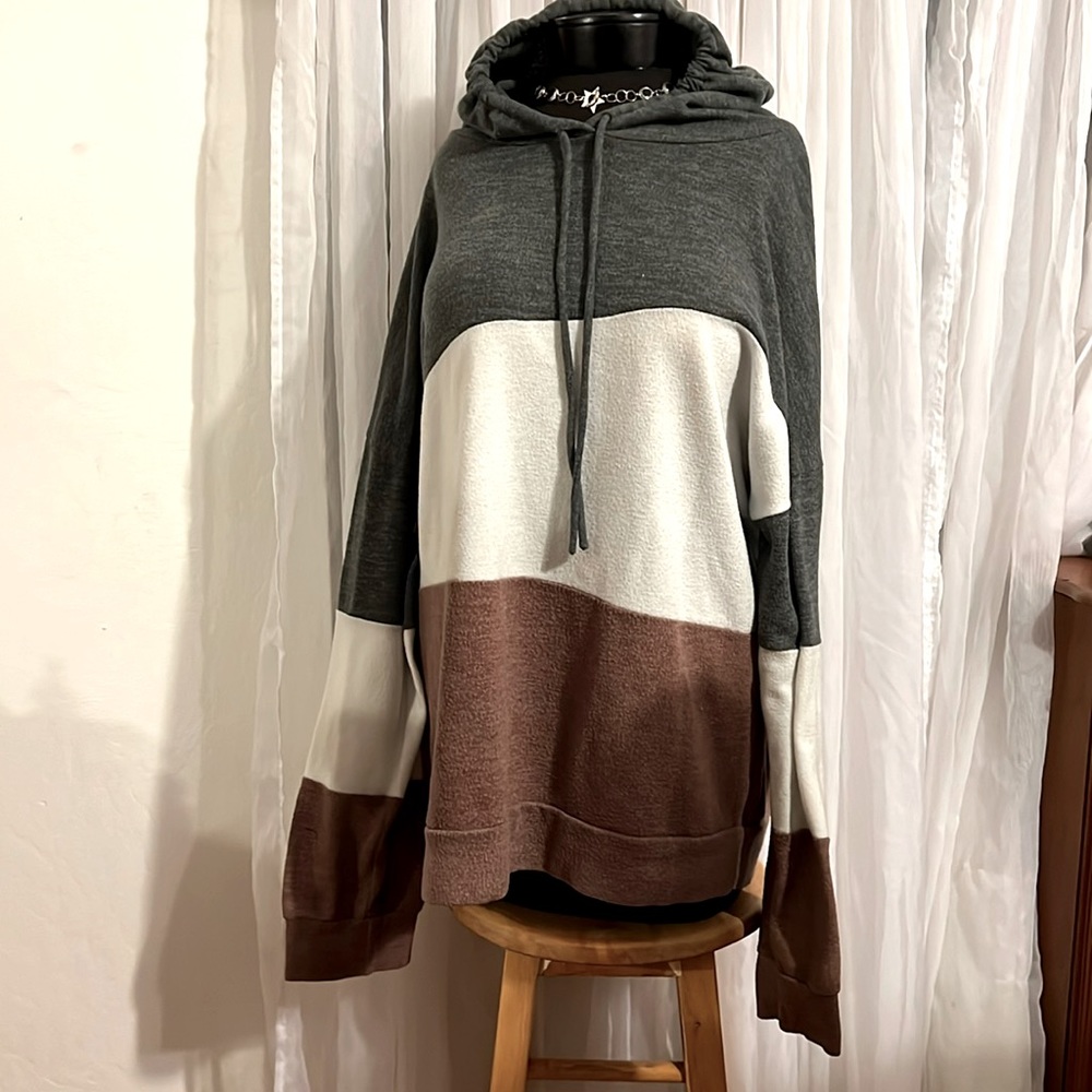 Pullover Hoodie Sweater By Beeson River/Brown Cream & Army Green Stripes size